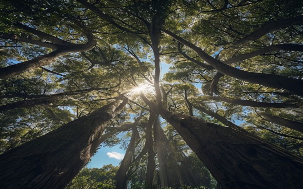 Looking up through a dense New Zealand tree canopy with sunlight breaking through.
