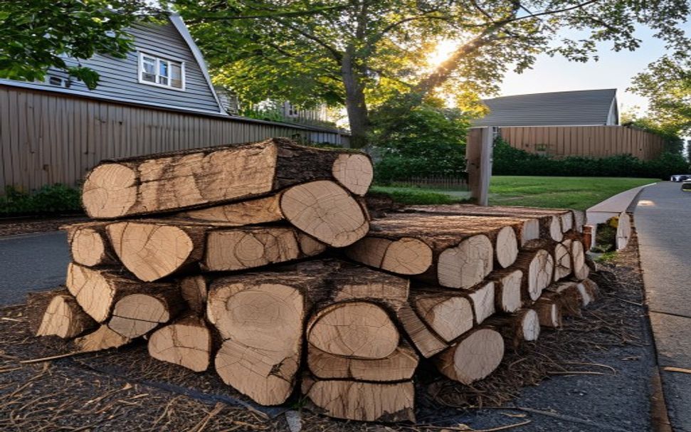 Neat stack of firewood rounds on a clean suburban driveway at golden hour.