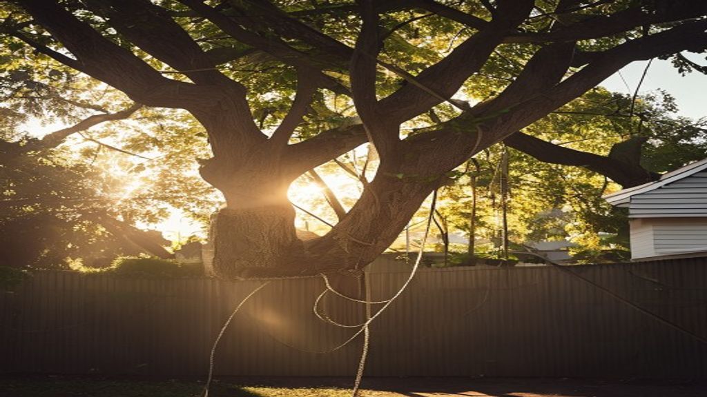 A large mature tree in an Auckland backyard at late golden hour, climbing ropes hanging from high branches.