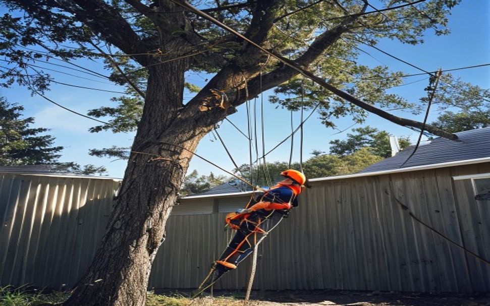 Arborist in orange helmet working high in a tree, rigging ropes against the sky.